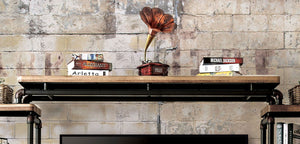 English Elm Industrial TV Console Bridge 68.9"W Metal Pipe Frame with Wood Shelf, Antique Black & Natural Finish, Spacious Storage B2741P362553