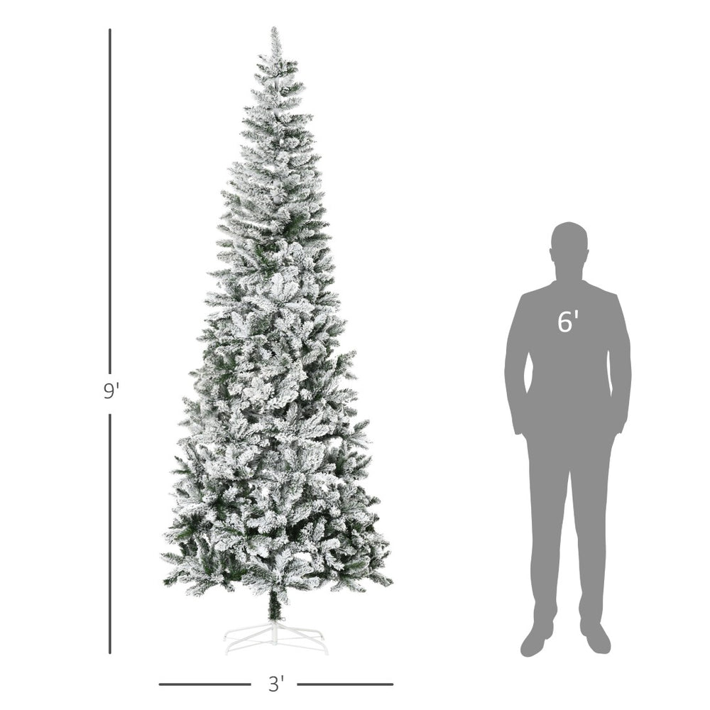 English Elm Artificial Snow Flocked Slim Pine Tree 9 Foot Tall with 1084 Realistic Branch Tips T3971P419891