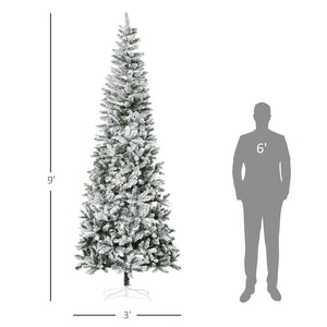 English Elm Artificial Snow Flocked Slim Pine Tree 9 Foot Tall with 1084 Realistic Branch Tips T3971P419891