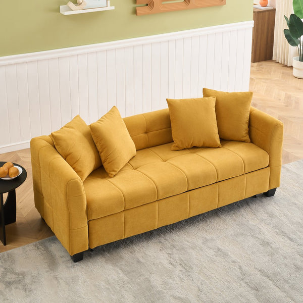 English Elm 77.9-inch cloud velvet 3-seater sofa bed with pull-out sleeper, sturdy wood frame, high-density foam comfort Yellow W1278S00074