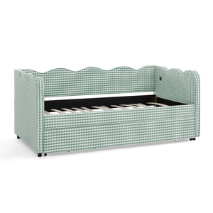 English Elm Cozy Gingham Linen Daybed with Pull Out Trundle Usb Port Wave Back Twin Sofa Cyan W1413S00120