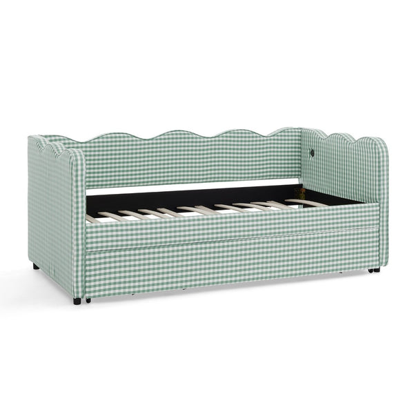 English Elm Cozy Gingham Linen Daybed with Pull Out Trundle Usb Port Wave Back Twin Sofa Cyan W1413S00120