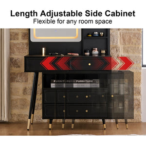 English Elm Modern Makeup Vanity Desk with LED 3-Color Mirror, Built-In Power Station, Sliding Cabinet, Stool Black N844P288432B