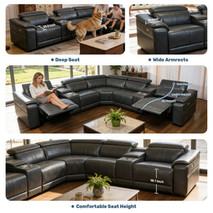 English Elm Power Reclining Sectional with Bluetooth Audio Led Lighting and Wireless Charging Tech Leather Dark Grey W3795S00020