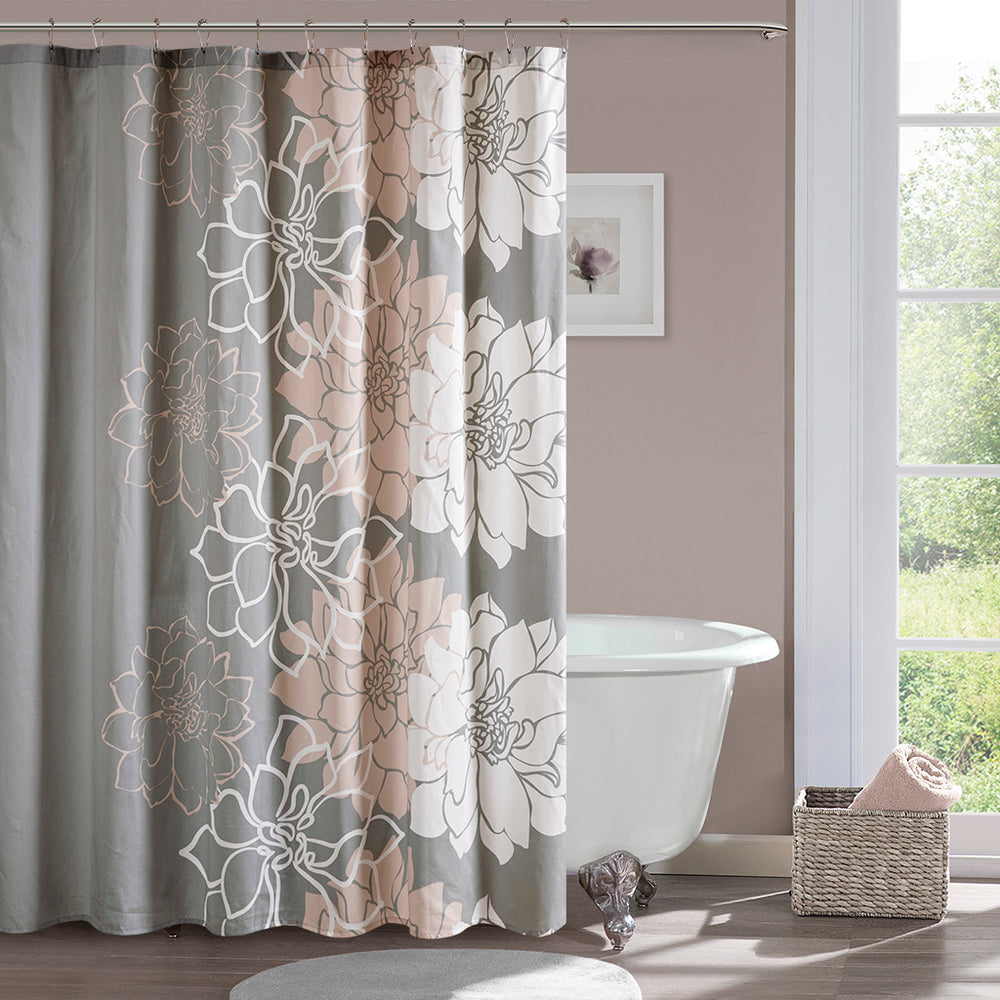 JLA Home Madison Park - 100% Cotton Floral Shower Curtain — Peach & White Blooms on Grey, Textured Machine-Washable 72x72 Decor MP70-5669