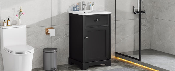 English Elm 20" Bathroom Vanity with Ceramic Sink, MDF Construction, Soft-Closing Door, Storage Rack & Shelf Black N725P218017B