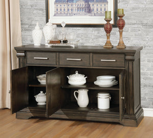 English Elm Contemporary Rustic Server with Solid Wood Accents, Molded Details and Functional Storage Drawers for Dining Room Furniture Espresso,Warm Grey 63 L x 22 W x 41 H B2741P309204