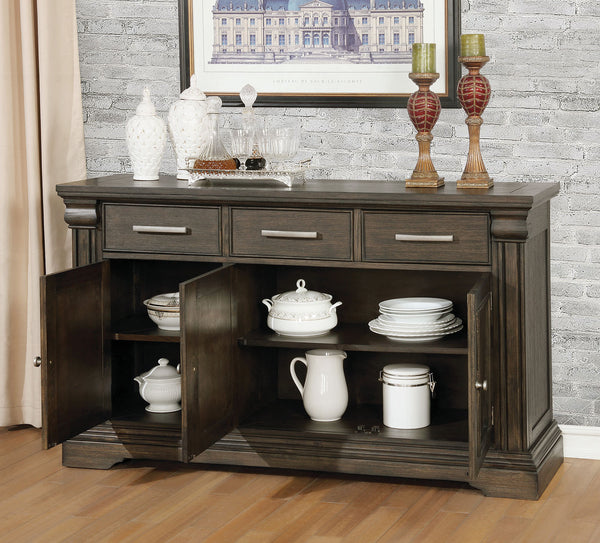 English Elm Contemporary Rustic Server with Solid Wood Accents, Molded Details and Functional Storage Drawers for Dining Room Furniture Espresso,Warm Grey 63 L x 22 W x 41 H B2741P309204