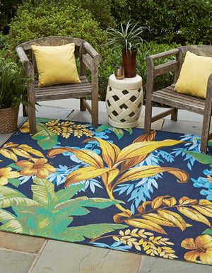 Unique Loom Outdoor Botanical Calypso Machine Made Floral / Botanical Rug Multi, Light Blue/Navy Blue/Orange/Brown/Olive/Ivory/Yellow 5' 4" x 6' 1"