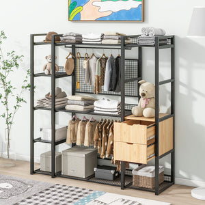 English Elm Open-Style Wardrobe Storage System with Heavy-Duty Metal Frame, Rails, Shelves & Drawers - Sleek Durable Design for Organized Living Black SF000087AAB