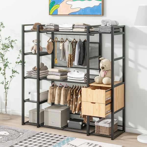 English Elm Open-Style Wardrobe Storage System with Heavy-Duty Metal Frame, Rails, Shelves & Drawers - Sleek Durable Design for Organized Living Black SF000087AAB