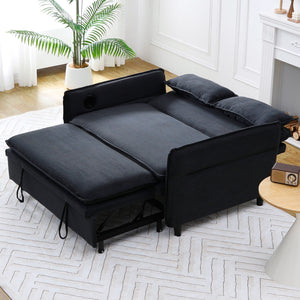 English Elm 65.74-inch convertible letter sofa bed with adjustable armrests, pull-out extension, cup holders, durable frame and plush sponge cushions Black W3371P311476