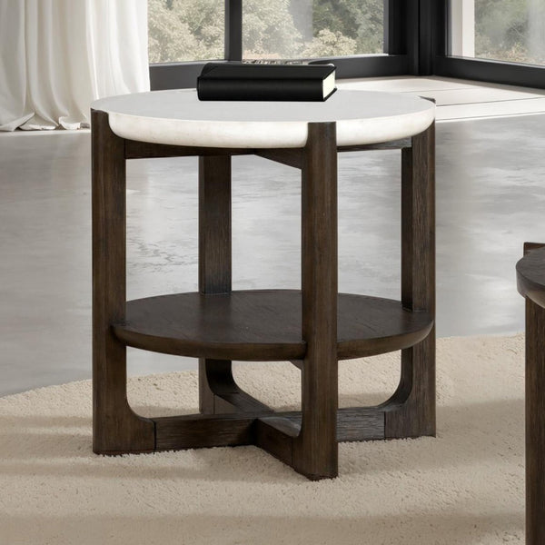 English Elm Transitional End Table With Quartz Stone Top And Dark Walnut Trestle Base For Stylish Living Rooms B2741P404268-GIGA