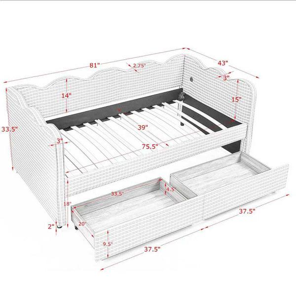 English Elm Twin Gingham Linen Daybed with Wave Silhouette Usb Port and Dual Storage Drawers Black W1413S00145
