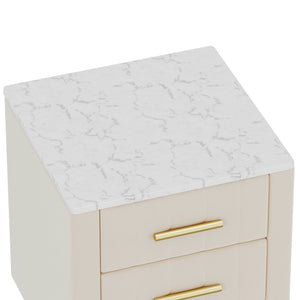 English Elm Upholstered Velvet Nightstand with Faux Marble Top Three Drawers and Slim Metal Legs Beige N733P208520A