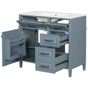 English Elm 36-Inch Modern Bathroom Vanity With Ceramic Sink Top, Storage Drawers, And Stylish Blue Gray Finish N725P350849E