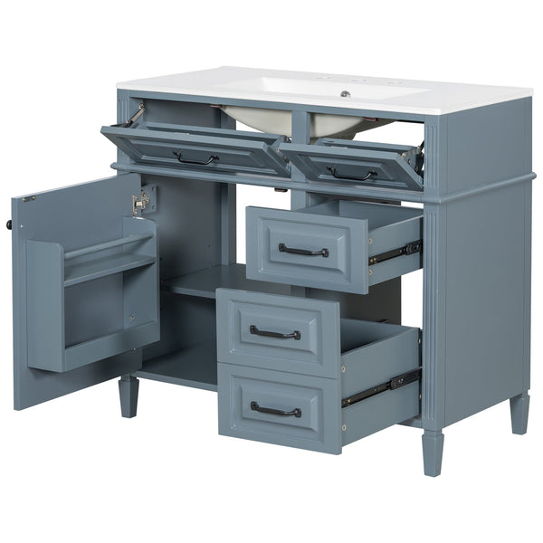 English Elm 36-Inch Modern Bathroom Vanity With Ceramic Sink Top, Storage Drawers, And Stylish Blue Gray Finish N725P350849E