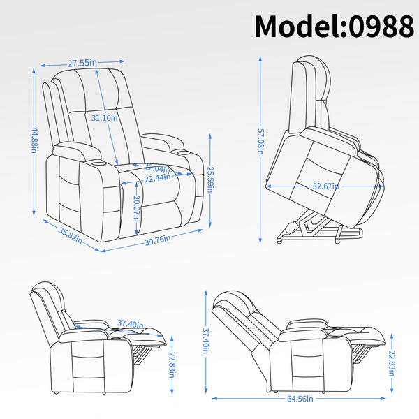English Elm Infinite Power Lift Recliner with Massage Heat Usb Port and Cup Holders for Elderly W1803S00056