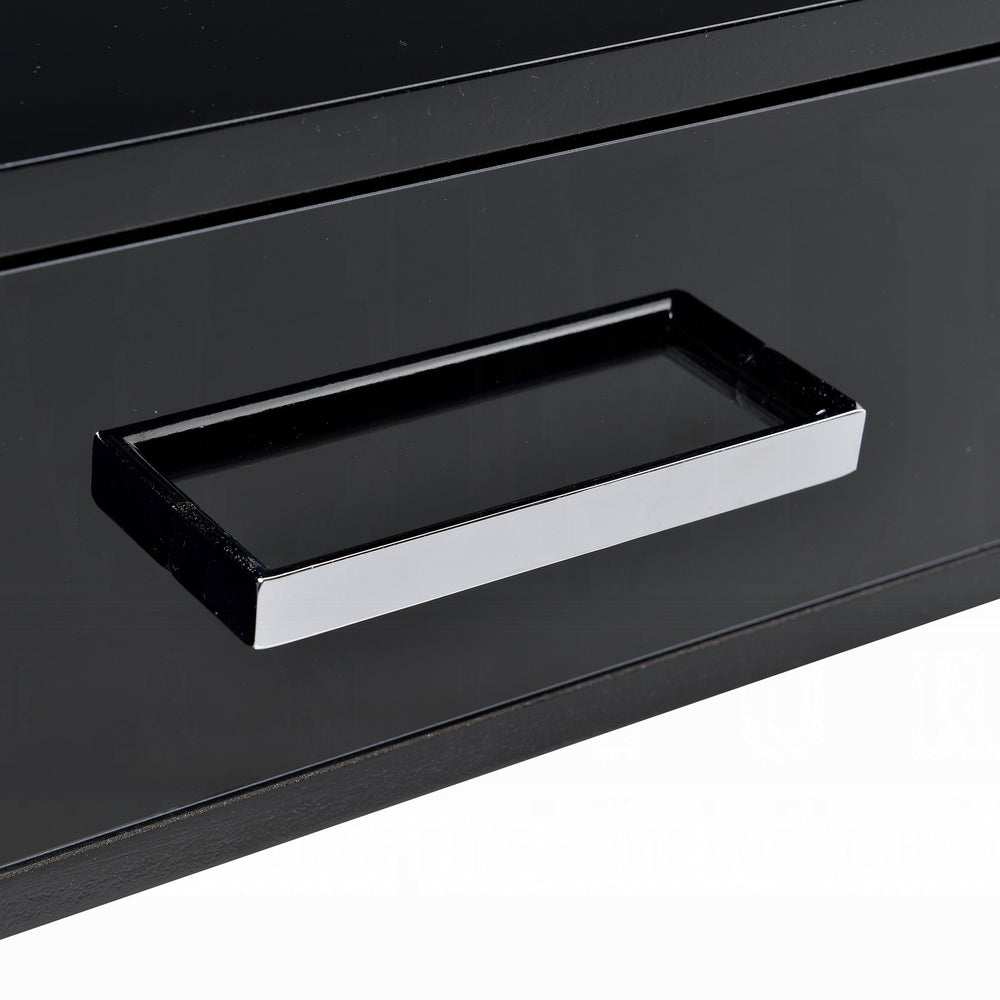English Elm Black High Gloss Writing Desk With Chrome Accents – Modern 2-Drawer Home Office Centerpiece B062P209202