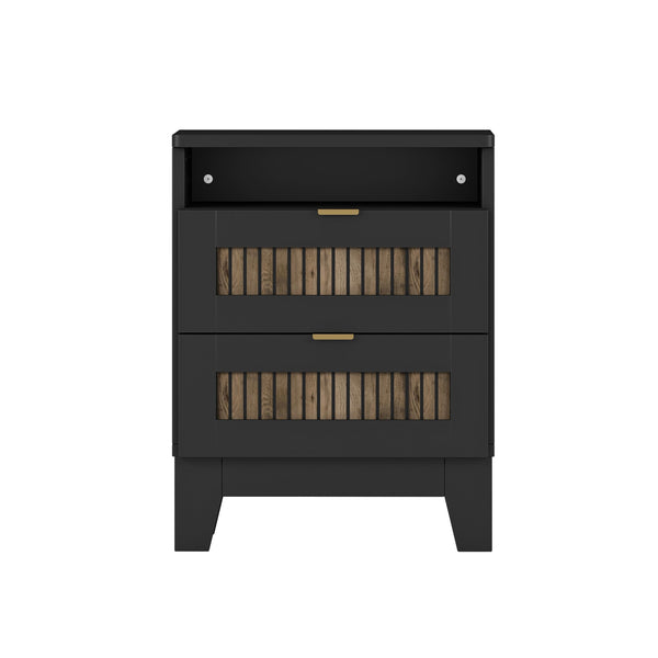 English Elm 4-Pieces Queen Platform Bed Set with Storage Nightstands & Dresser, Wooden Strip Accent, Modern Farmhouse Elegance Black 52.17 L x 18.5 W x 11.81 H HL000191AAB