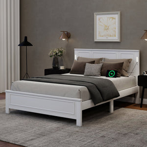 English Elm Queen Pinewood Platform Bed Farmhouse Tall Panel Headboard with Led Lighting and Usb Ports White W504P391091