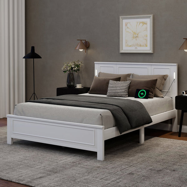 English Elm Queen Pinewood Platform Bed Farmhouse Tall Panel Headboard with Led Lighting and Usb Ports White W504P391091