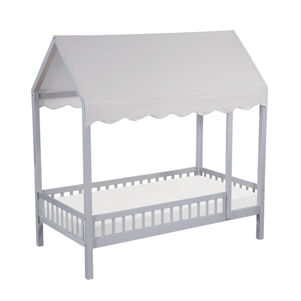 English Elm Gray Finish Canopy Platform Bed Scalloped Fabric Cover Solid Wood Twin Frame Gray B011P463890