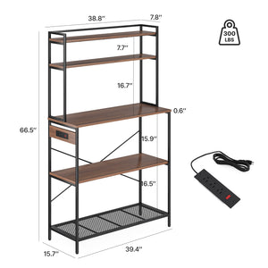 English Elm Large Five Tier Industrial Bakers Rack with Built in Outlets Microwave Stand Kitchen Organizer Walnut T3623P431208