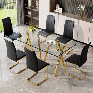 English Elm Tempered Glass Six Seat Dining Set Gold Metal Base Black Pu Leather Modern Glam W3875S00056