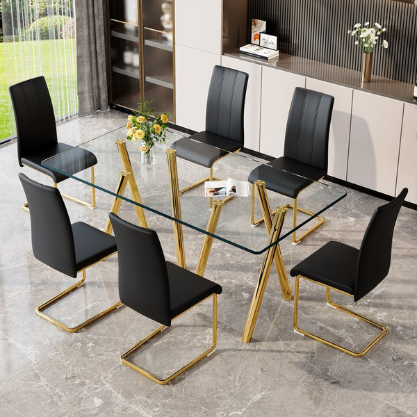 English Elm Tempered Glass Six Seat Dining Set Gold Metal Base Black Pu Leather Modern Glam W3875S00056