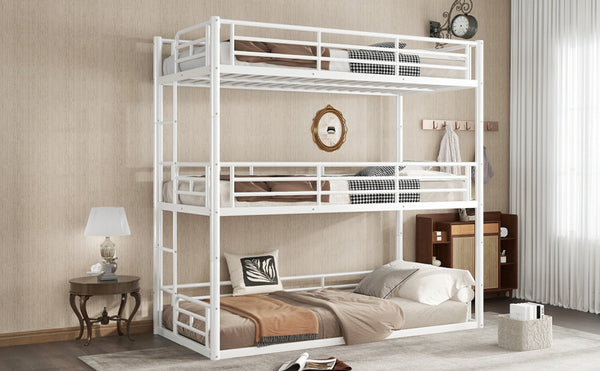 English Elm Twin Triple Metal Bunk Bed Matte Powder Coated Frame with Full Safety Guardrails Light White W1580S00579