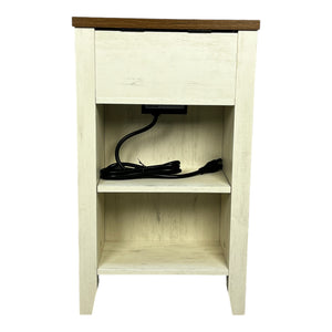 English Elm Farmhouse Nightstand with Charging Station and Barn Door Drawer — USB-C, AC Outlets, Compact Storage Brown+White W1412P230407