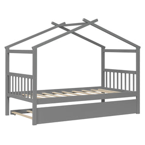 English Elm Twin House Bed Solid Pine Cottage Frame with Pull Out Trundle for Kids Bedroom Gray N708P309238E