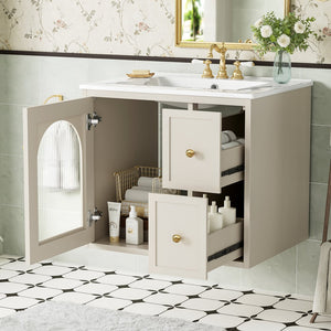 English Elm 24" Modern Wall-Mount Bathroom Vanity with Ceramic Sink, Glass Door Cabinet, 2 Drawers, Soft-Close Beige N710P286704Y