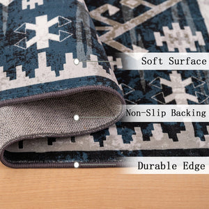 English Elm Area Rug 6X9 Vintage Bohemian Persian Geometric Design In Blue/Black - Non-Slip & Washable! W2907P265132