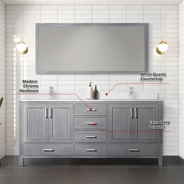 English Elm Distressed Grey Double Bath Vanity 72" W x 22" D with White Quartz Top, Chrome Faucet & Large Mirror B2731S01003