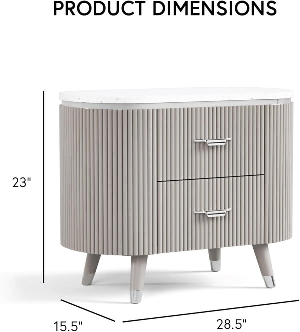 English Elm Contemporary Stone Top Nightstand Reeded Drawers Chrome Pulls Gray Bedroom Storage B2741P435312