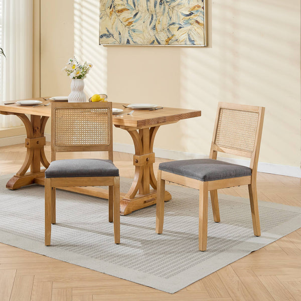 English Elm Farmhouse Rattan Dining Chairs Set of 2 — Mid-Century Cane Back, Solid Wood Frame, Linen Upholstery, Supportive Comfort Gray W1143P332690