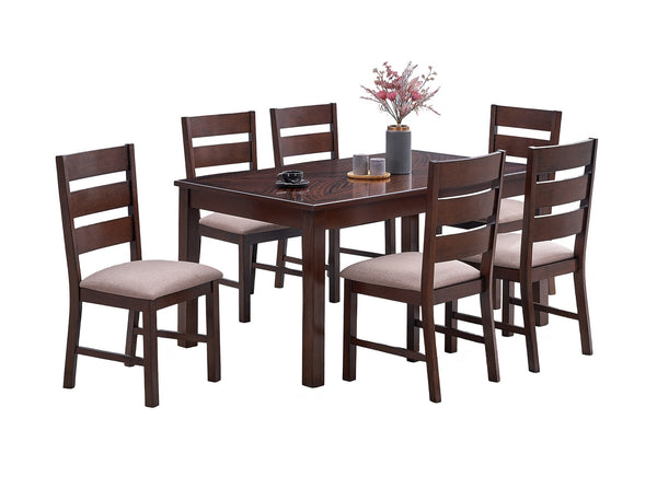 English Elm Contemporary Cherry 7pc Dining Set with Melamine Top, Solid Wood Legs, Fabric Cushion Seats, 59" Table B011S00977