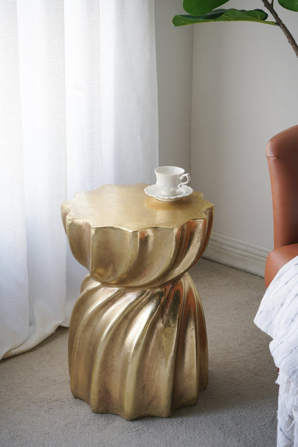 English Elm 14x14x18.7" Gold Magnesium Stool Swirl Base Sculptural Glam Art Deco Side Table W2078P442968