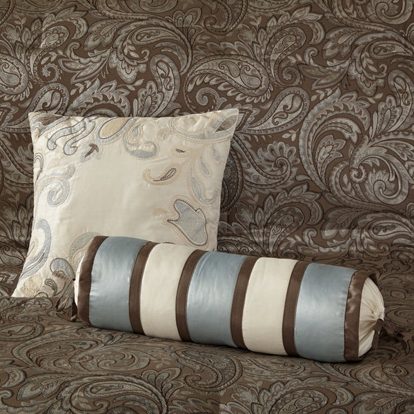 English Elm 12 Piece Madison Park Aubrey Bed Set Full - Jacquard Paisley Comforter, Reversible Sand, 200TC Cotton Sheets, Blue-Taupe Elegance B035128823
