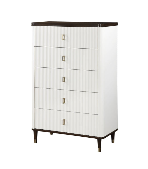 English Elm Carena E.King 5-Piece Bedroom Set in Brown/Gray/White – Upholstered Bed, Dresser, Chest, Mirror, Nightstand B2726S00445