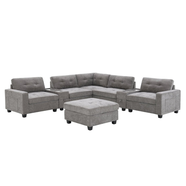 English Elm [new U-shaped Chenille Sectional Six Seat Tufted Couch with Usb Charging Storage Gray N723S1191E