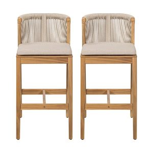 English Elm Christopher Knight Home® - Louie Teak-Finish Outdoor Barstool Set of 2 with Beige Cushions, Rope Back, Weatherproof Acacia Wood N775P301353T