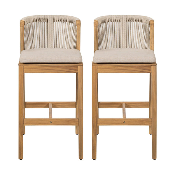English Elm Christopher Knight Home® - Louie Teak-Finish Outdoor Barstool Set of 2 with Beige Cushions, Rope Back, Weatherproof Acacia Wood N775P301353T
