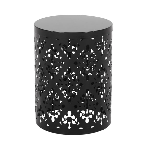 English Elm Outdoor Iron Accent Table Laser Cut Floral Cylinder Design for Patio or Balcony Black 73605.00BLK