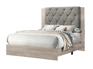 English Elm Contemporary Cream Finish Queen Bed With Gray Tufted Headboard - Stylish Rubberwood Frame Design B011P236790