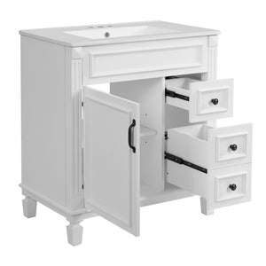English Elm 30" French-Inspired Bathroom Vanity With Ceramic Sink, 2 Soft-Close Drawers & Adjustable Shelf Storage N710P323323K