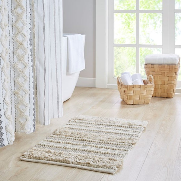 English Elm Woven Textured Stripe Bath Rug 22X58" - Artisan Boho Comfort, Non-Skid Backing, Easy Care Design B035129317-GIGA