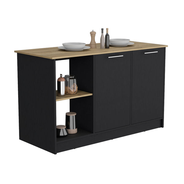 English Elm Kitchen Island With Ample Countertop, Open Shelves & Double Door Storage – Sleek Black & Macadamia B097S00185